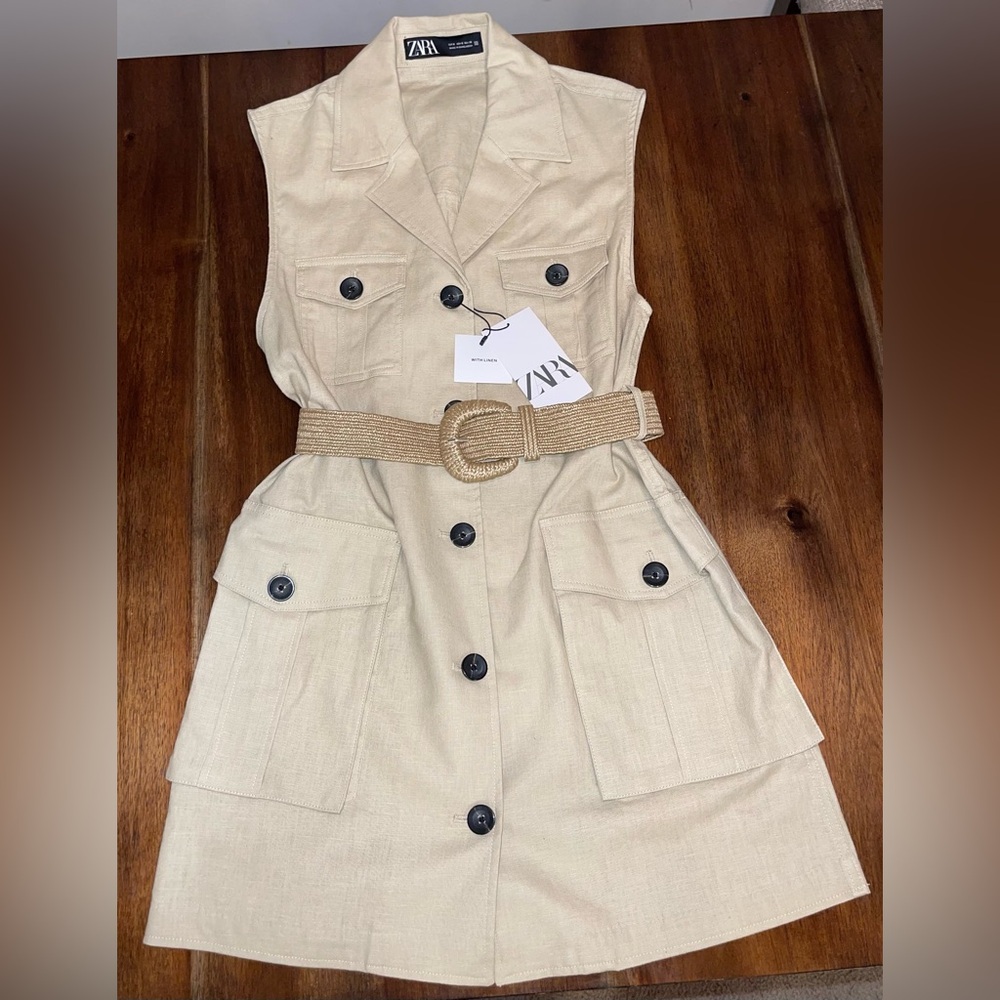 Zara Tan linen blend Button-Down Mini Dress